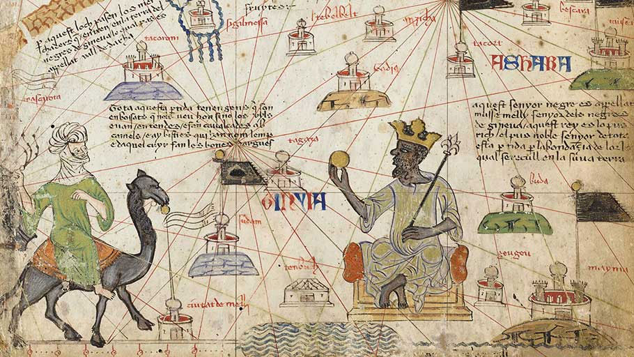 Mansa Musa, the king of Mali, on a map from The Catalan Atlas